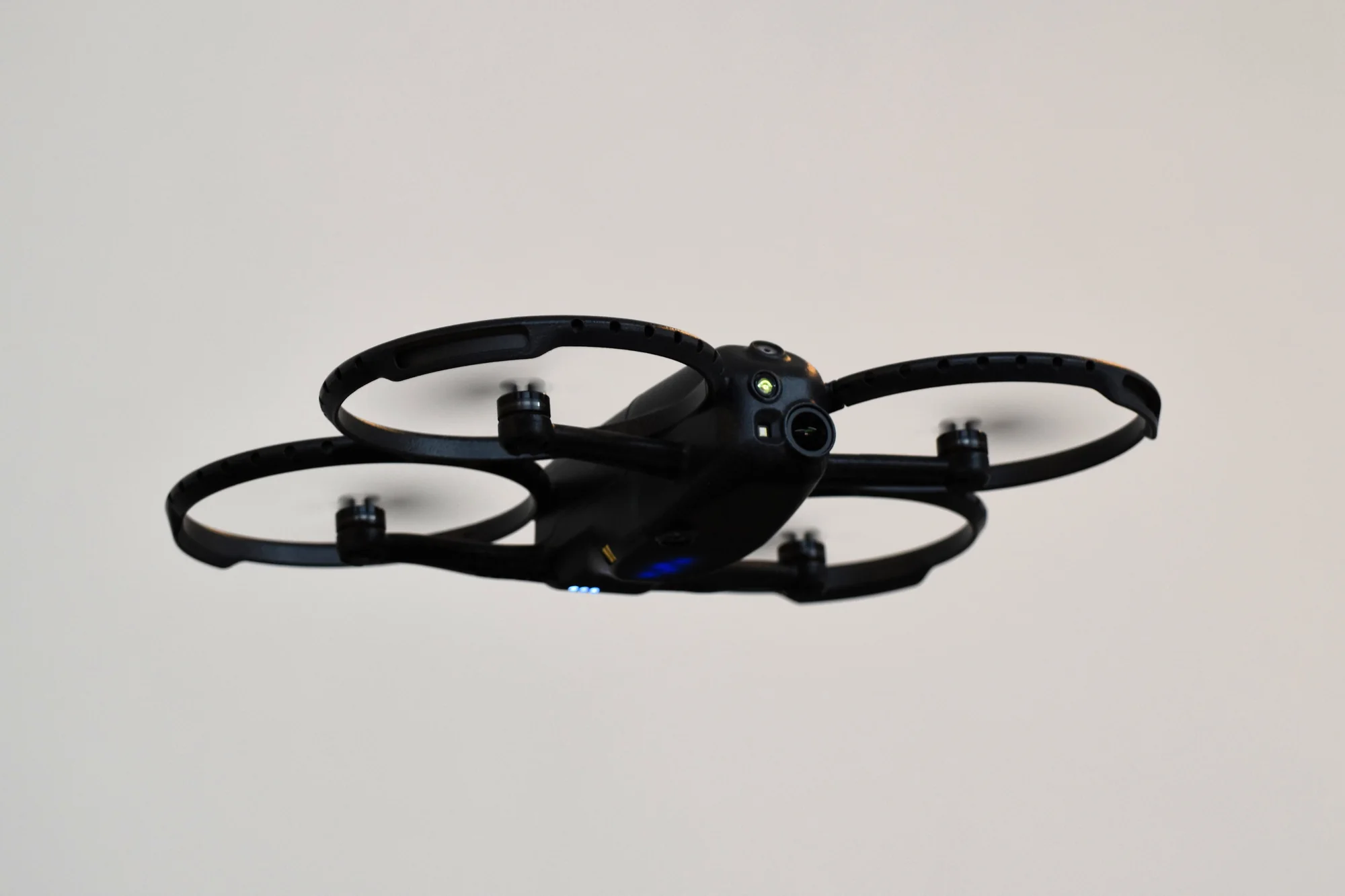 Corax indoor drone viewed from below during flight