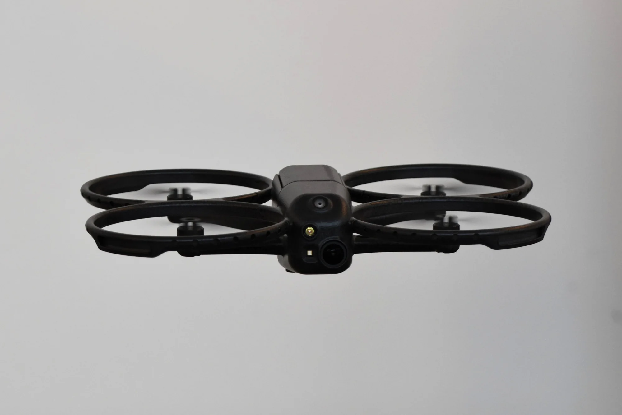 Front view of the Corax indoor drone in flight