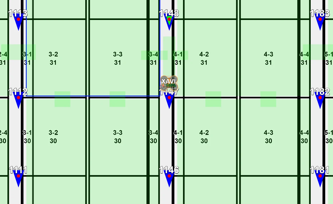 Example MyCorvus site map with numbered blue Argus-marker symbols and green flight zones