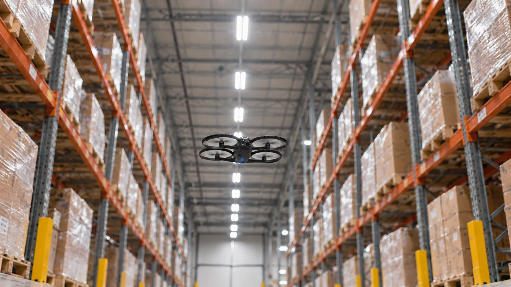 Corax flying between warehouse pallet racks